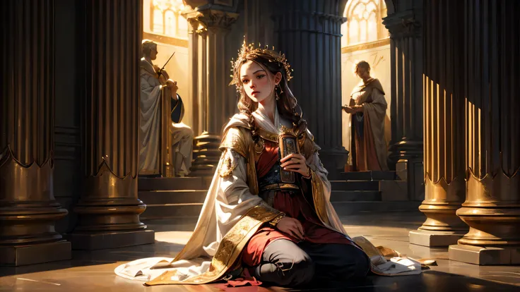 A Renaissance-style oil painting of a celestial guide revealing a glowing scroll to a kneeling figure under divine light, both surrounded by ethereal golden symbols and spiritual architecture. The characters have harmonious, serene facial features, soft li...