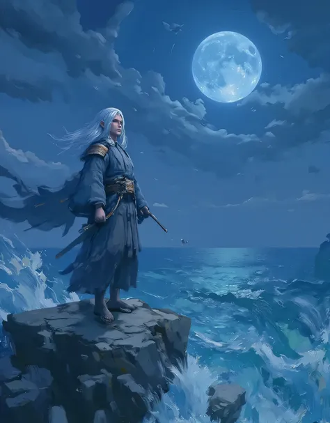 Illustration of a white-haired samurai under a blue moon: The scene captures a dignified samurai with flowing white hair standing on a rocky cliff overlooking a vast ocean under a luminous blue moon. A gentle breeze ruffles his robes as he gazes into the d...