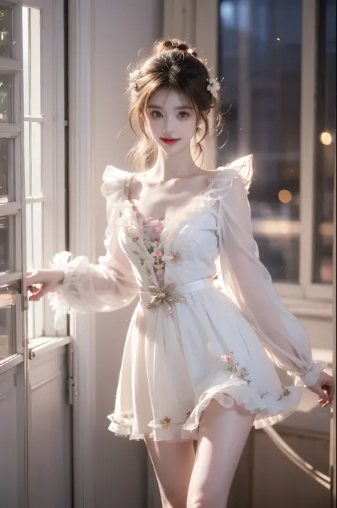 dress, bouffont dress, transparent long sleeves, daisies, cherry, ,,(Masterpiece, best quality, Super high, realistic: 1.3), realistic, beautiful young woman, (Standing posture), (Big bust, deep V-neck), (Very short hemline), (Supermodel: 1.2),  (perfect l...