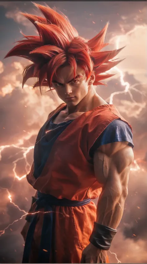 score_9, score_8_up, score_7_up, source_anime, detailed, wallpaper, beautiful details, goku, son goku saiyan, 1boy, asian, man 27s, male focus, looking at viewer, red hair with black gradations, realistic hair, textured hair, red eyebrows, muscular, textur...