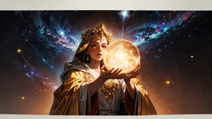 A Renaissance-style oil painting of a robed character gently lifting a golden veil revealing a hidden cosmic realm, galaxies and sacred geometry behind it. The expression is of awe and clarity. Soft edges, realistic skin tones, deep symbolism, radiant cont...