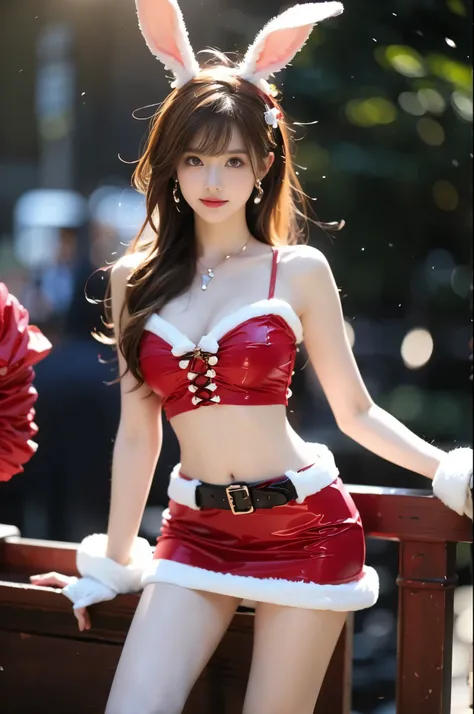 tutututu, bare shoulders, belt, crop top, red pencil skirt, miniskirt,christmas_dress,fur trim, red fingerless gloves, midriff, santa costume, rabbit tail, rabbit ears, fake animal ears,  ,,(Masterpiece, best quality, Super high, realistic: 1.3), realistic...