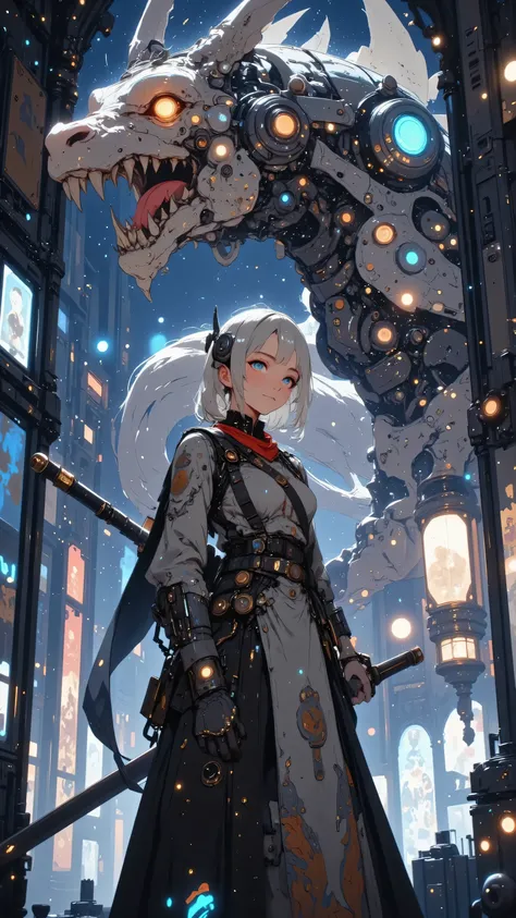 A focused female cyborg with a mechanical dragon head arm, her face showing tension and determination, holding a massive giant katana that stands as the centerpiece of the scene, its long, curved blade adorned with intricate engravings of celestial dragons...