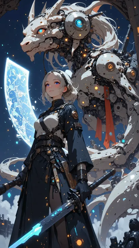 A resolute female cyborg with a mechanical dragon head arm, her expression tense and focused, clutching a giant katana that dominates the composition, its enormous blade intricately etched with glowing cosmic runes that shimmer with a neon blue light, the ...