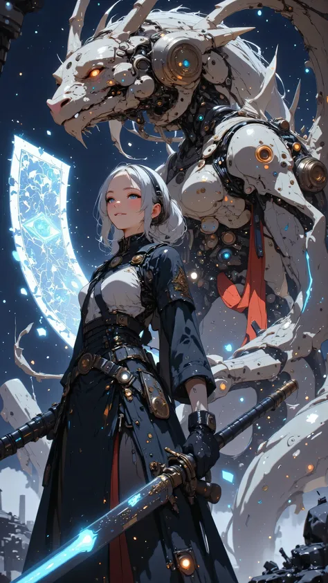 A resolute female cyborg with a mechanical dragon head arm, her expression tense and focused, clutching a giant katana that dominates the composition, its enormous blade intricately etched with glowing cosmic runes that shimmer with a neon blue light, the ...