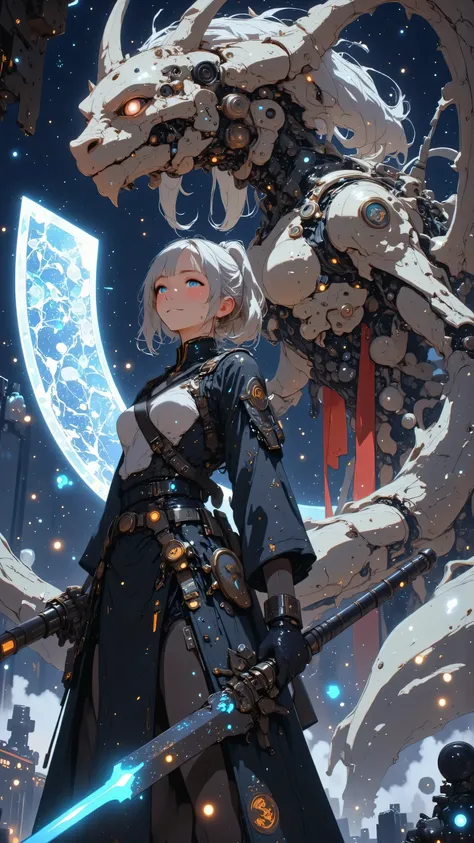 A resolute female cyborg with a mechanical dragon head arm, her expression tense and focused, clutching a giant katana that dominates the composition, its enormous blade intricately etched with glowing cosmic runes that shimmer with a neon blue light, the ...