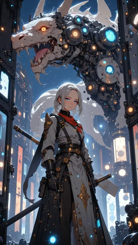 A focused female cyborg with a mechanical dragon head arm, her face showing tension and determination, holding a massive giant katana that stands as the centerpiece of the scene, its long, curved blade adorned with intricate engravings of celestial dragons...