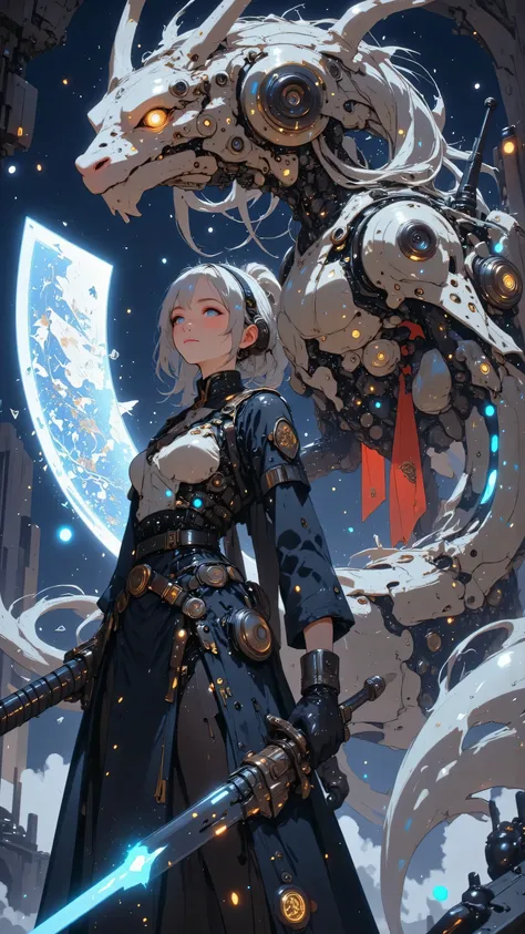 A resolute female cyborg with a mechanical dragon head arm, her expression tense and focused, clutching a giant katana that dominates the composition, its enormous blade intricately etched with glowing cosmic runes that shimmer with a neon blue light, the ...