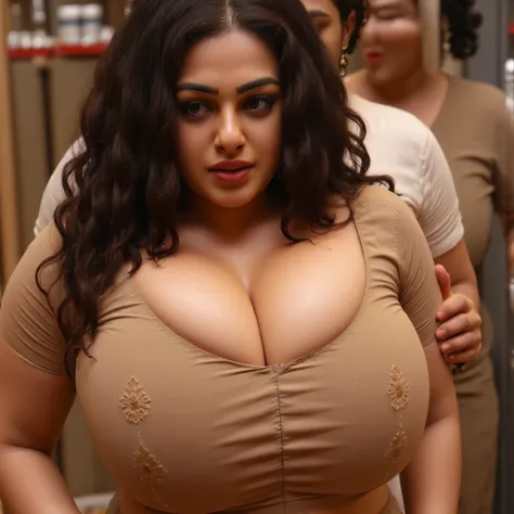 deep cleavage,  skin tone black, romantic mood, shocking eyes, a man hugging her tightly from back side