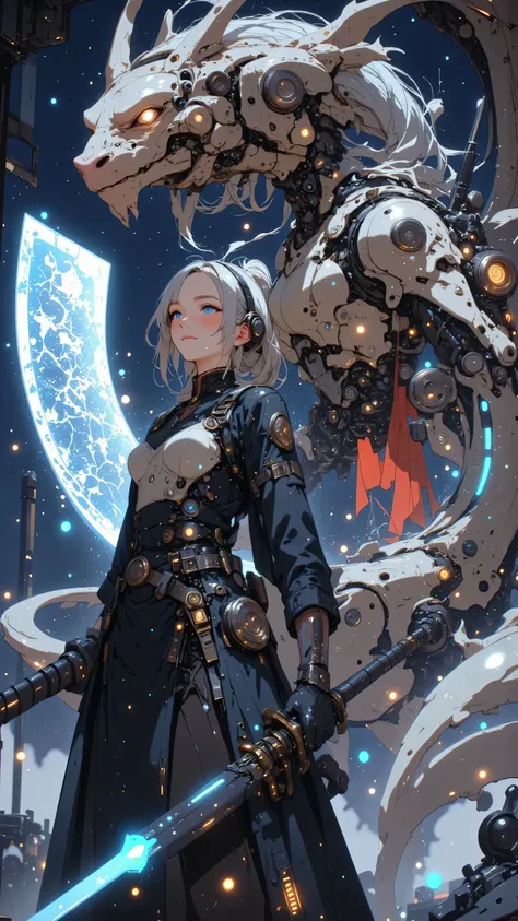 A resolute female cyborg with a mechanical dragon head arm, her expression tense and focused, clutching a giant katana that dominates the composition, its enormous blade intricately etched with glowing cosmic runes that shimmer with a neon blue light, the ...