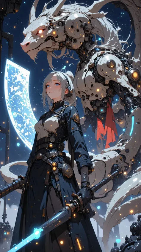 A resolute female cyborg with a mechanical dragon head arm, her expression tense and focused, clutching a giant katana that dominates the composition, its enormous blade intricately etched with glowing cosmic runes that shimmer with a neon blue light, the ...