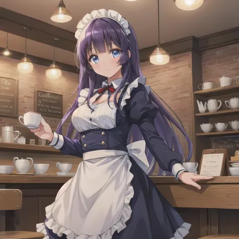 A girl is working as a waitress in a cozy cafe. She's wearing a classic maid outfit. The air feels warm and calm, and it's like you can almost smell the coffee through the picture. Long hair, purple hair, blue eyes.