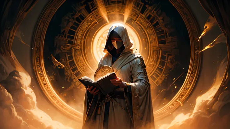 A Renaissance-style oil painting, ethereal and symbolic, depicting a robed celestial figure standing before a portal of golden light, the figure has a veil covering the face, surrounded by ancient scrolls and glowing orbs, spiritual atmosphere, chiaroscuro...