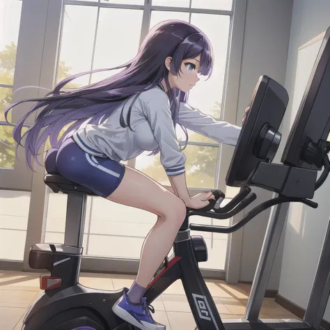 A fitness gym, a person training on a stationary bike, side view, bright morning sunlight through large windows.  Long hair, purple hair, blue eyes.