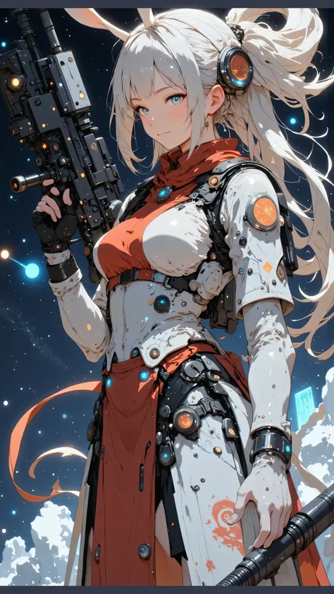 ((Mechanical beauty))、Her((half of her body is a machine))、((The head of a dragon whose arm is a machine))、((Future equipment)),((Symbiote between mechanical prosthetics and biological tissue)),A towering robot stands proudly amidst a nebula of swirling st...