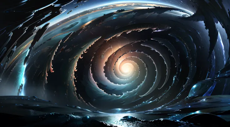 A time-lapse of the ocean's evolution, visualized as a swirling vortex, showcasing the transformation from primitive marine life to advanced digital art forms, with a focus on the fluidity and dynamism of the sea.