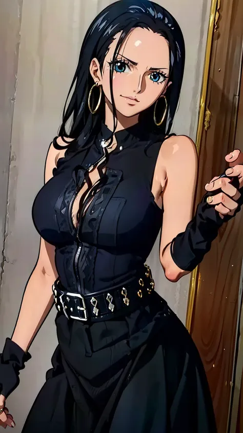 (masterpiece, best quality, high resolution, 8K:1.2), anime coloring, detailed, from one piece, one piece style, Nico Robin, mature woman, 30 years old, woman with long black hair, big medium breasts, calm and collected, happy expression and laughing, soft...