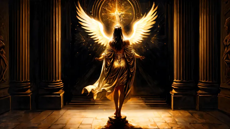 A Renaissance-style oil painting of a celestial guardian standing before a sacred gate of light, back turned to the viewer, large radiant wings folded, ancient symbols glowing on the ground, divine atmosphere, spiritual depth, golden tones, highly detailed...