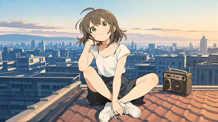 masterpiece, best quality, newest, absurdres, highres,
short dark brown hair, ahoge, shiny green eyes, 1girl, solo, cheerful and relaxed expression, soft smile, soft blush, sitting pose, sitting on rooftop, holding retro radio, enjoying the breeze, white t...