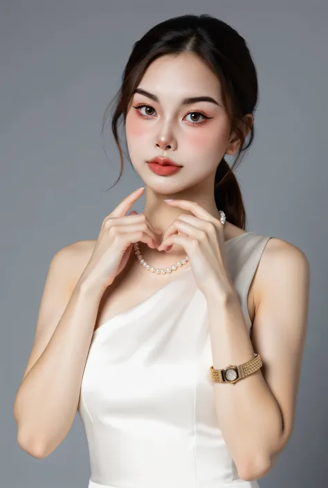 Beautiful looking Asian girl, elegant style, fine white skin, sharp appearance. Beautifully made up with light coral lipstick. Her eyebrows are natural. She wears a white dress with an open shoulder, satin fabric. She looks structured, her hair is neatly a...