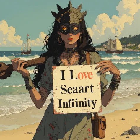 Beautiful girl with wavy long hair, bohemian dress, holding a white board with text "I Love Seaart Infinity" and showing it to the viewer,,Wearing Jason's mask,Fear,,I have an ax,Perfect five fingers,,Anatomically accurate,,