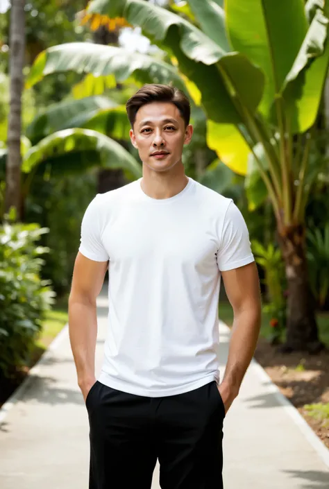 The good-looking young man stood confidently on the walkway in the middle of nature in a tropical atmosphere, surrounded by palm trees and large fresh green leaves. He wore a shapely white T-shirt with black shorts, both hands in his pockets, looking strai...