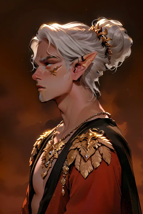 A fantasy elf male character with long, white hair tied in a loose bun with a golden accessory, sharp facial features, and pointed ears. He is dressed in a dark, elegant outfit with feathered shoulder accents and several gold rings. His expression is serio...