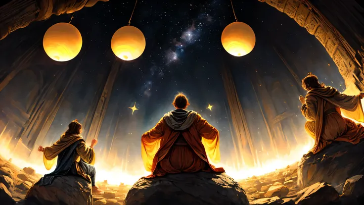An epic Renaissance oil painting of seven robed and faceless beings seated in a circular stone temple floating in the stars, each holding an orb of light containing glimpses of human lives, the center of the temple glows with a radiant portal symbolizing r...