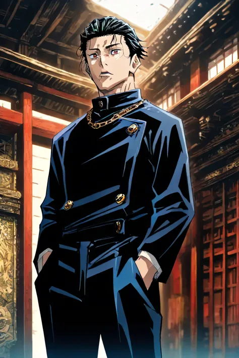 (masterpiece, best quality, highly detailed, ultra-detailed, cinematic lighting),  
(Anime style, Jujutsu Kaisen style), dynamic shading, intricate details, depth of field,  
young man, medium-length black hair slicked back, fair skin, deep ruby-red eyes, ...