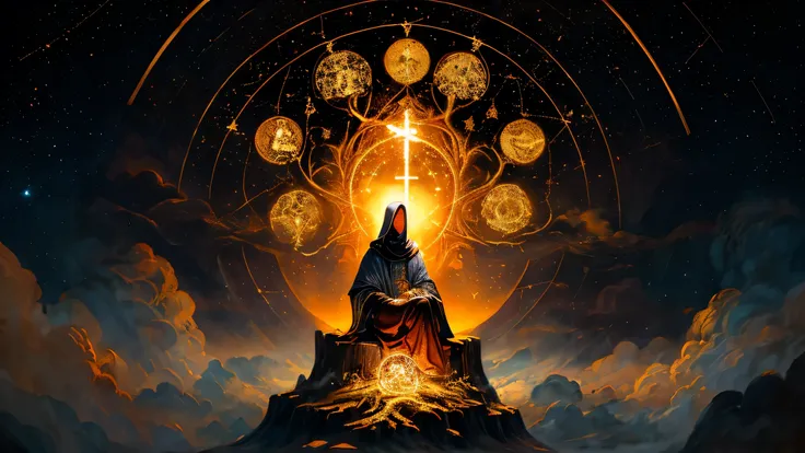 A Renaissance oil painting of a mysterious celestial being with a glowing veil over the face, seated beneath an ancient tree of life, surrounded by floating golden runes and celestial constellations, holy light descending from above, spiritual tone, high r...