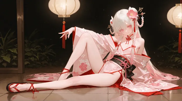 1 girl, girl, Light pink eyes, White hair, Very long low double twist braid with white and pink double dyed, gradient hair,Very long low double twist braid,Light pink eyes, white eyelash ,sexy sitting position,sitting on the ground,front,show your whole b...
