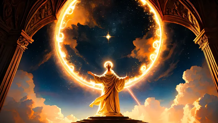 A Renaissance painting of a soul being guided by divine beings through a cosmic gateway, with golden light and ancient symbols, ethereal setting, heavenly clouds and celestial architecture, shot with a Canon EOS R5, 85mm f/1.2 lens, glowing warm tones