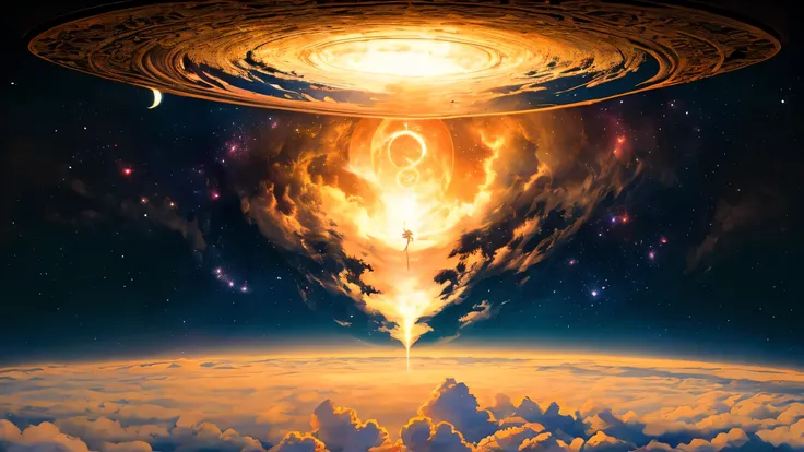 A Renaissance painting of a soul descending from the stars toward Earth, guided by celestial beings among radiant clouds and golden light, surrounded by ancient symbols and divine scrolls, representing pre-birth memories and soul contracts, ethereal atmosp...