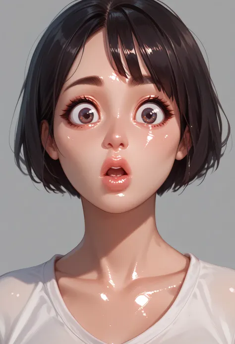 1girl, solo, grey background, lips, short hair, nose, shirt, asian, collarbone, looking at viewer, simple background, artist name, white shirt, shiny skin, big eyes, (surprised)