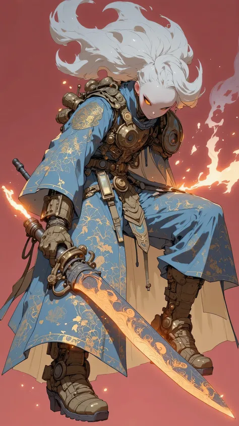 The、The silhouette is a humanoid It must resemble a figure and have an enchanting presence. robot poses should convey strength and preparedness, it adds a mystical and atmospheric touch. should have no human characteristics, emphasizes artificial propertie...