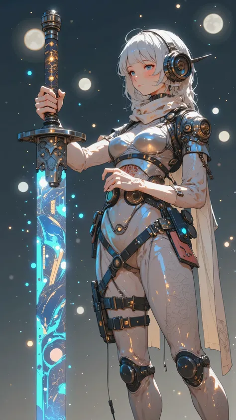 Design a highly detailed and futuristic humanoid robot inspired by science fiction aesthetics. The character should have a mechanical, cybernetic body with visible robot joints and intricate metallic textures. Its design should seamlessly blend traditional...