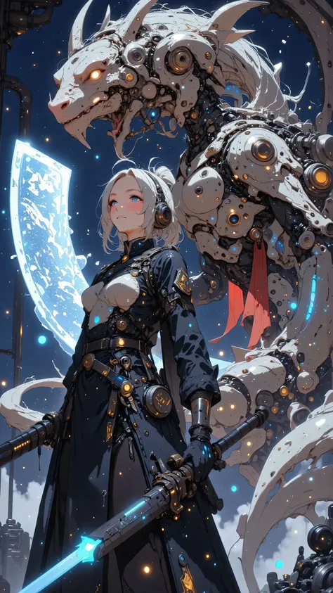 sparkling petals of spiritual energy that float gracefully, Her expression was tense and concentrated, holding a giant sword in a, with shining neon blue space characters exquisitely engraved on her giant blade, her shining aura of light was protective、shi...