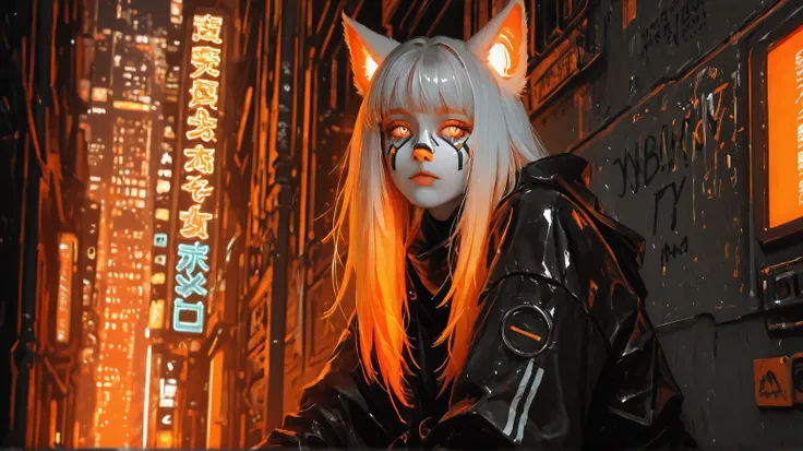 Cyberpunk female character looking like a feline hybrid. She has skin painted with cat stripes in vibrant orange tones, white and black , Your eyes are intensely bright, of an orange hue, and she has realistic cat ears with visible fur. Your face has huma...