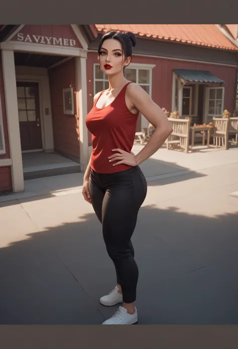 perfect body, black hair, top knot hair bun, black thin eyebrows, dark brown eyes, nose, lips, red lips, collarbone, medium breasts, red tank top, hand on hip, standing, (thick thighs:1.3), pants, black pants, white shoes, house, street