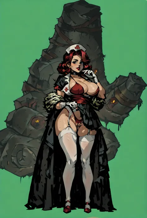 make this picture in darkest dungeon style game uperbody shot drawing, simple art black and white, single character, nurse, medicines in hand, eyes in shadow, huge breast, long legs, retro mini skirt, confident, garter belt, raged clothes, wrapped in banda...