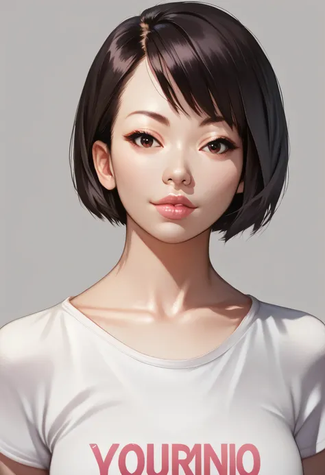 1girl, realistic, solo, grey background, lips, short hair, nose, shirt, asian, collarbone, looking at viewer, simple background, artist name, white shirt