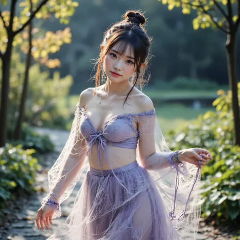 Scene Setup：Garden ghost．If there is a soft wire tangled between her fingers，to form a high bun with flowing spiky hair。A mist，Dew glitters，Her dream of a fairy，One step at a time，The wide flowing skirt。


 Clothing Description ：
SHE WEARS A SILK SKIRT WIT...