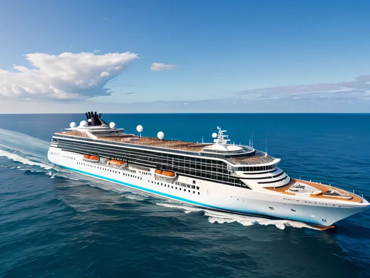 A luxury passenger ship that runs on the ocean with a view of the horizon