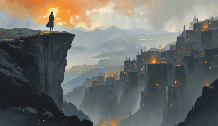 Create a illustration, color palette orange, blue, white and black, watercolor, inspired by the legend of the Grey Lady of Kinsale. The scene should depict either the ghost of the Lady standing on a cliff, gazing down into the abyss, with the faint silhoue...