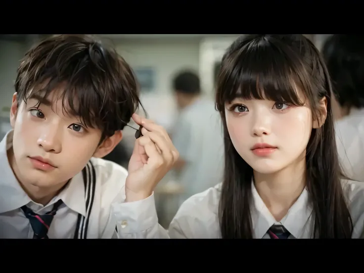 , The image shows a close-up of two East Asian agers, a boy and a girl, both wearing school uniforms. The boy is touching his hair, looking somewhat pensive or self-conscious. The girl looks straight ahead, her expression neutral or slightly reserved. The ...