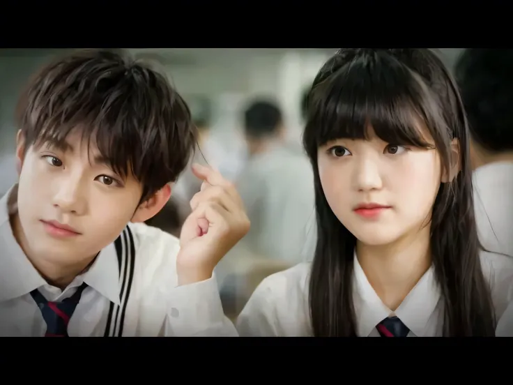 The image shows a close-up of two East Asian agers, a boy and a girl, both wearing school uniforms. The boy is touching his hair, looking somewhat pensive or self-conscious. The girl looks straight ahead, her expression neutral or slightly reserved. The ba...