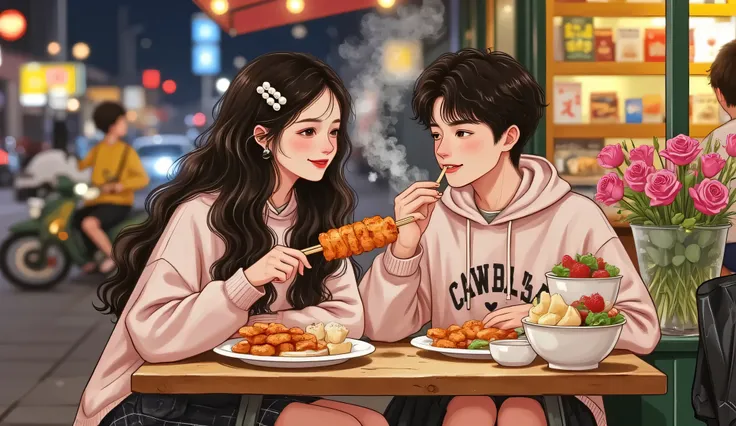 A semi-realistic, manhwa-inspired romantic scene set at a busy street food stall at night. The male and female leads sit close together on small plastic stools, sharing skewers. The girl has Douyin-style makeup — glossy lips, dewy eyes, flushed cheeks — an...