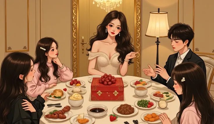 A semi-realistic, manhwa-inspired scene set in a luxurious five-star hotel banquet room during a high school girl's birthday party. The atmosphere is elegant and slightly tense. The birthday girl (Lin Ca) stands in a glowing spotlight, wearing a shimmering...