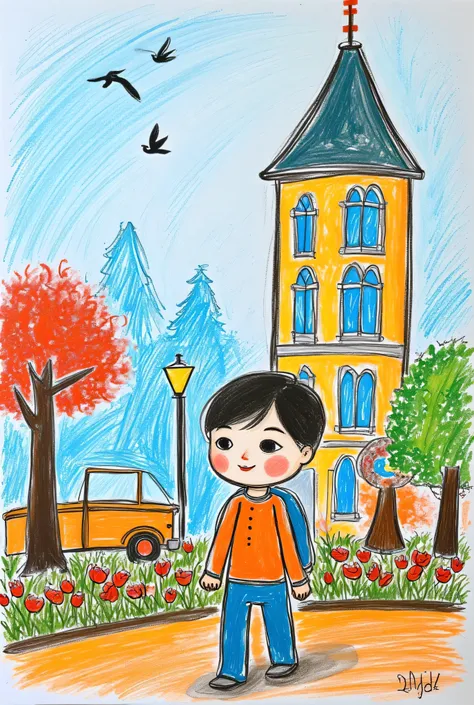 obra-prima, imagem, illustration, Portrait of a , , s, Passing down the city street, carros, pedestres, muito verde , flowers and birds in the blue sky, sun and clouds