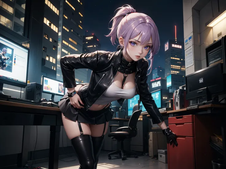 (masterpiece, better quality, detailed), a chic, Alone, standing, sexy pose, ((body leaning forward)), ojos detaileds, purple eyes shirt, Lavender hair short ponytail, Love, medium breasts, sensual lips, ((harness on the torso)), ((black leather jacket)), ...